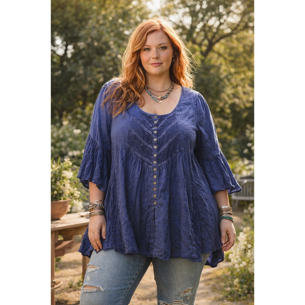 Denim & Co Plus Size 26 Blue Lace Henley Tunic | Boho Bell‎ Sleeve Festival Top